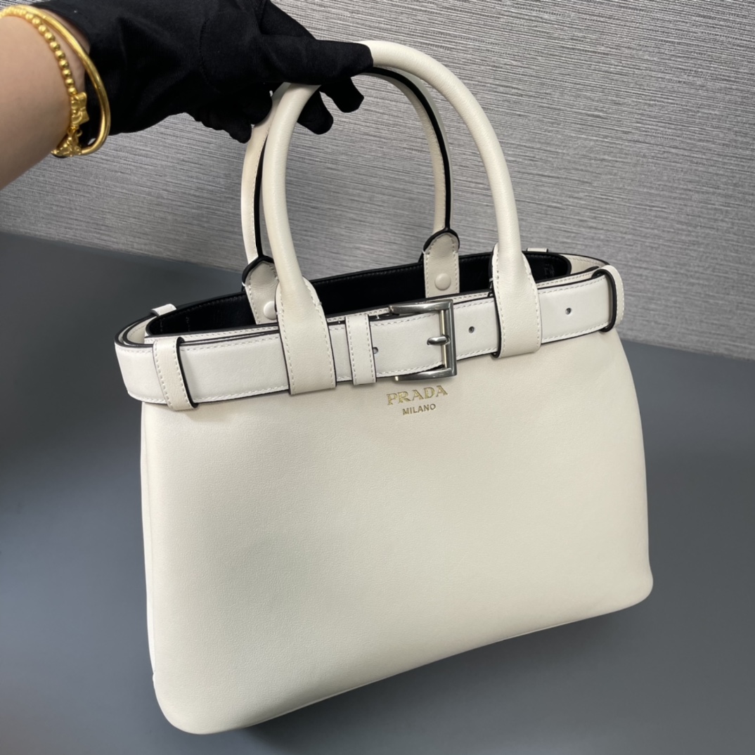 Prada Medium Buckle Leather Handbag Shoulder Bag With Belt White 1BA434